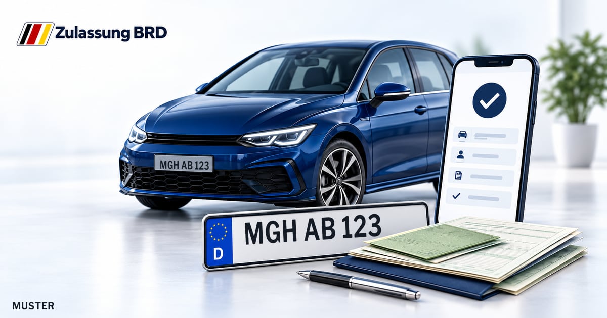 Online Fahrzeugzulassung in Wertheim-Bestenheid: Musterkennzeichen MGH AB 123, Auto und Fahrzeugpapiere und Smartphone. Illustration mit Logo von Zulassung BRD.